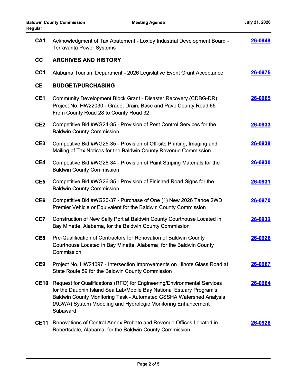 Baldwin County Commission agenda for July 21, showing the garbage-rate and line-of-credit items on the consent agenda