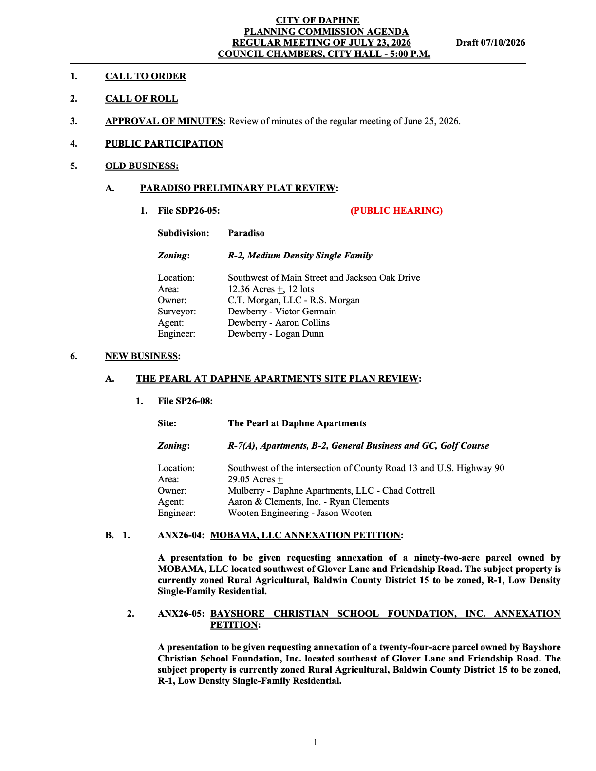 Draft July 23 Daphne Planning Commission agenda showing the two annexation petitions under New Business