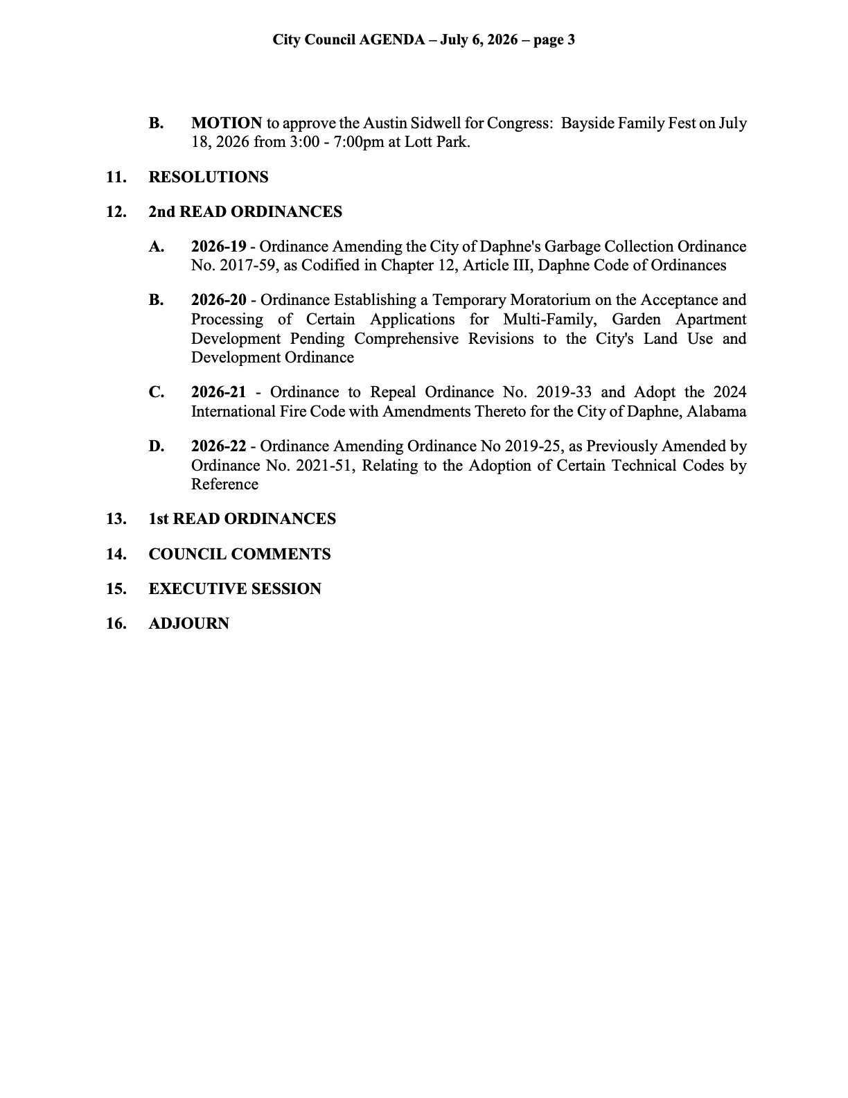 Second-reading ordinances on the July 6 Daphne City Council agenda