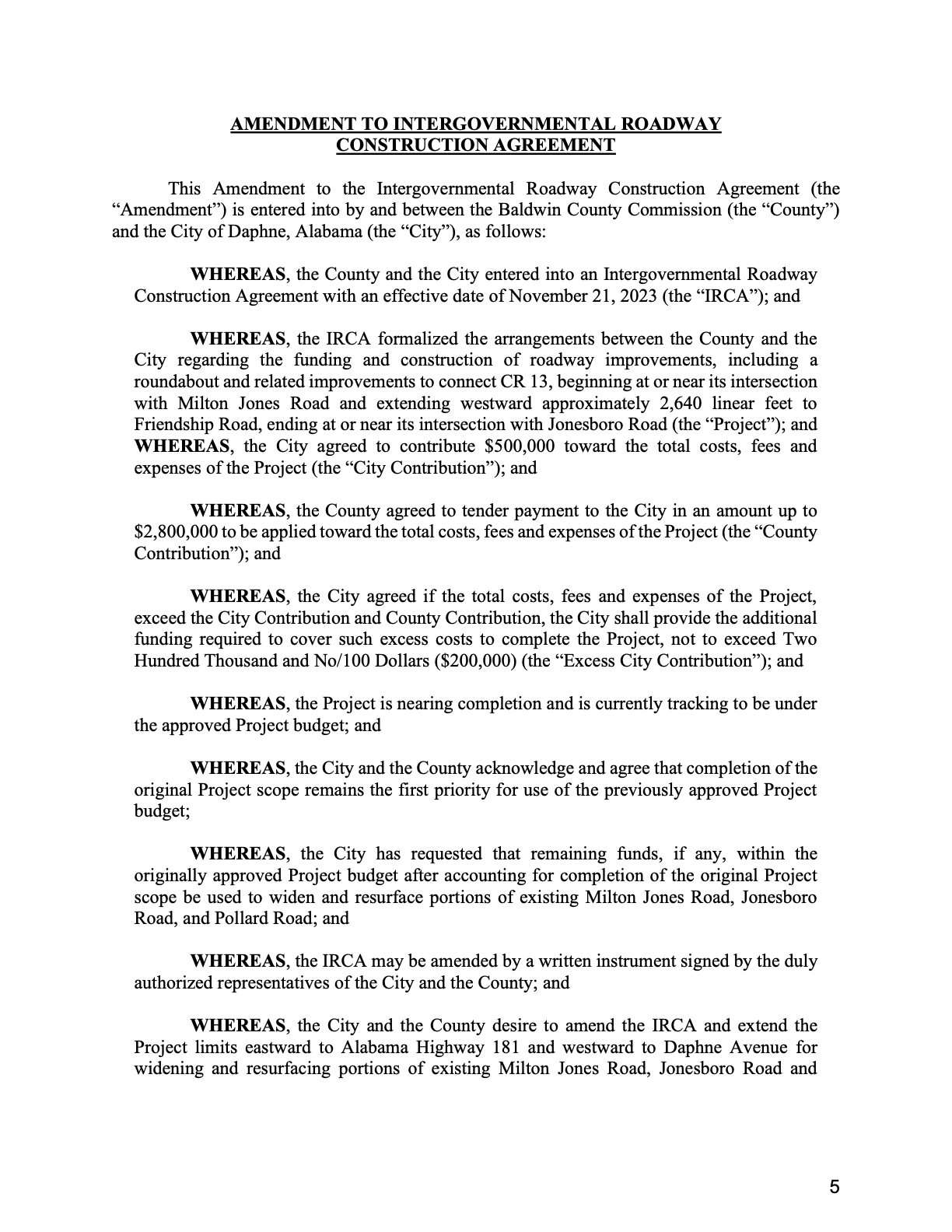 Amendment to the Baldwin County–Daphne Intergovernmental Roadway Construction Agreement, recitals page