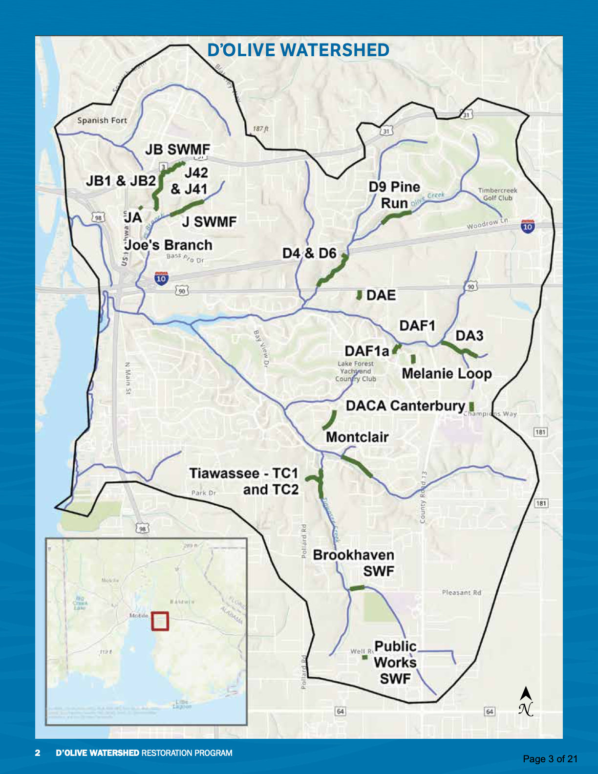 Map of the D'Olive Watershed showing labeled stream-restoration project sites