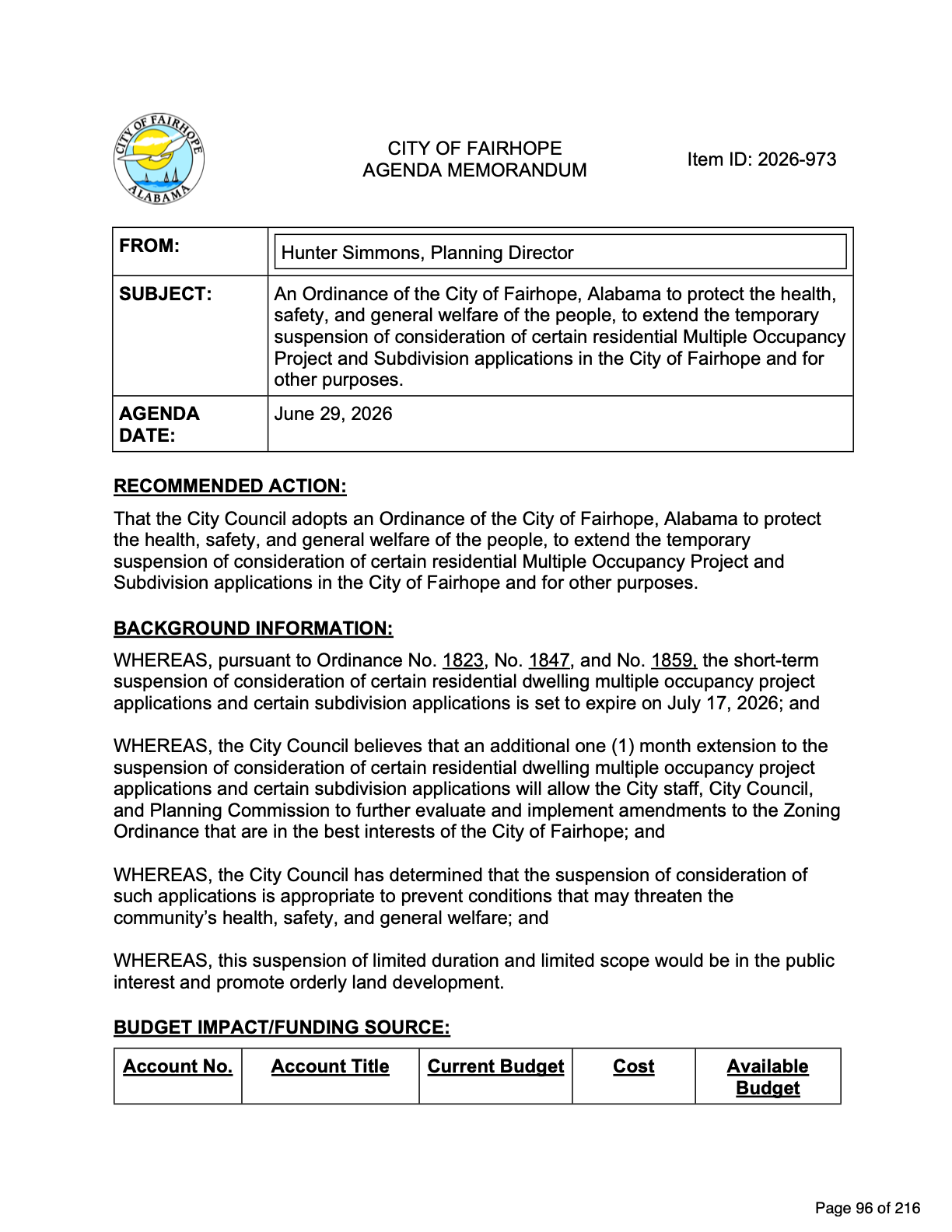 Agenda memorandum recommending the ordinance to extend the development moratorium