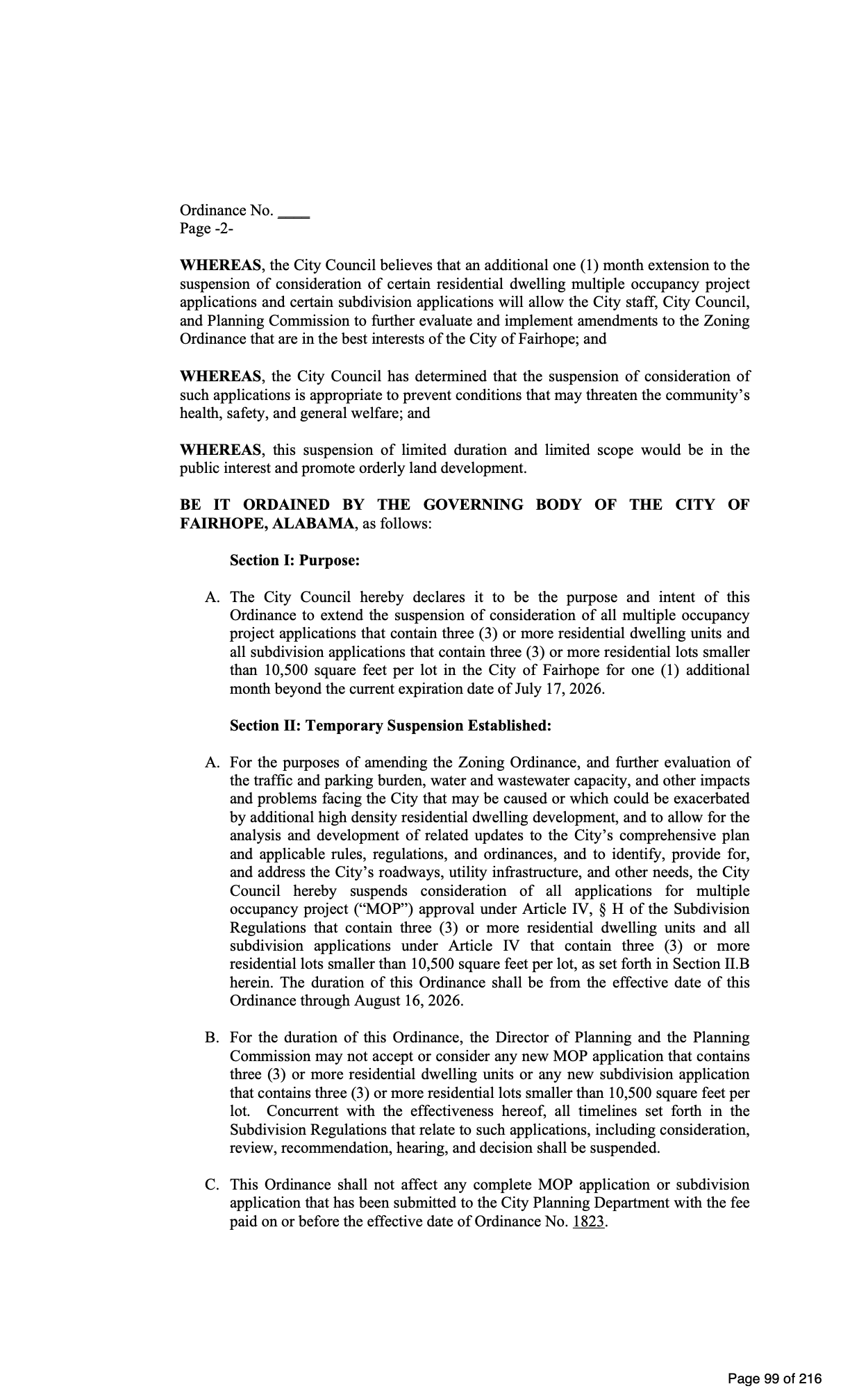 Ordinance extending Fairhope's residential development moratorium, page 2