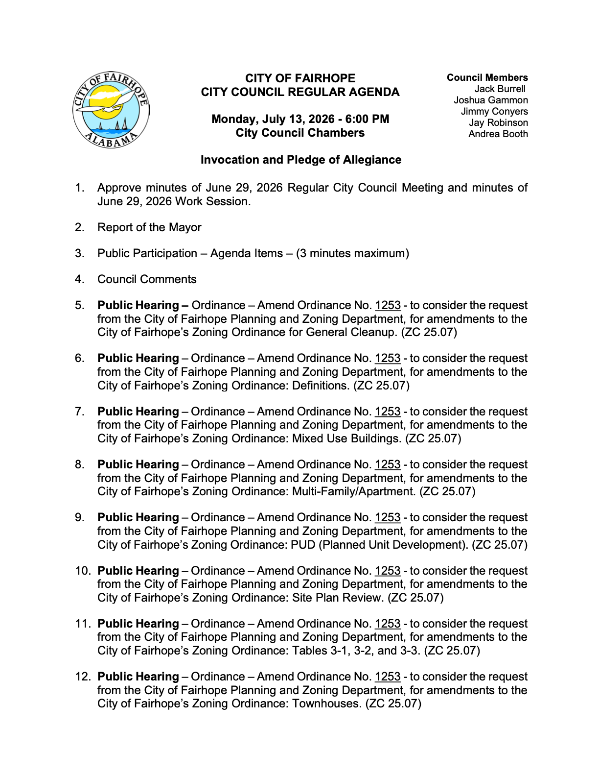 Agenda excerpt for the July 13 Fairhope council meeting