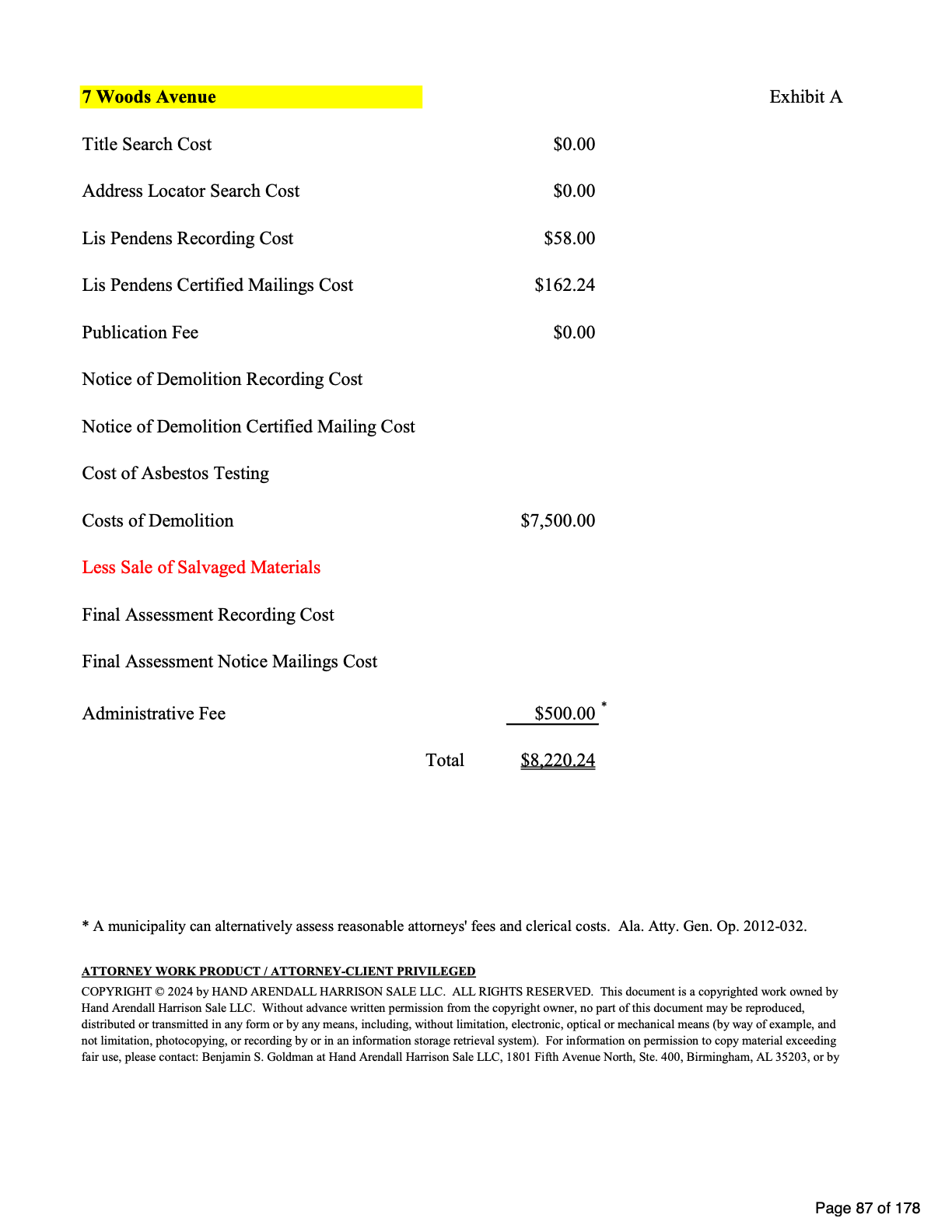 Exhibit A itemizing the 7 Woods Avenue demolition costs
