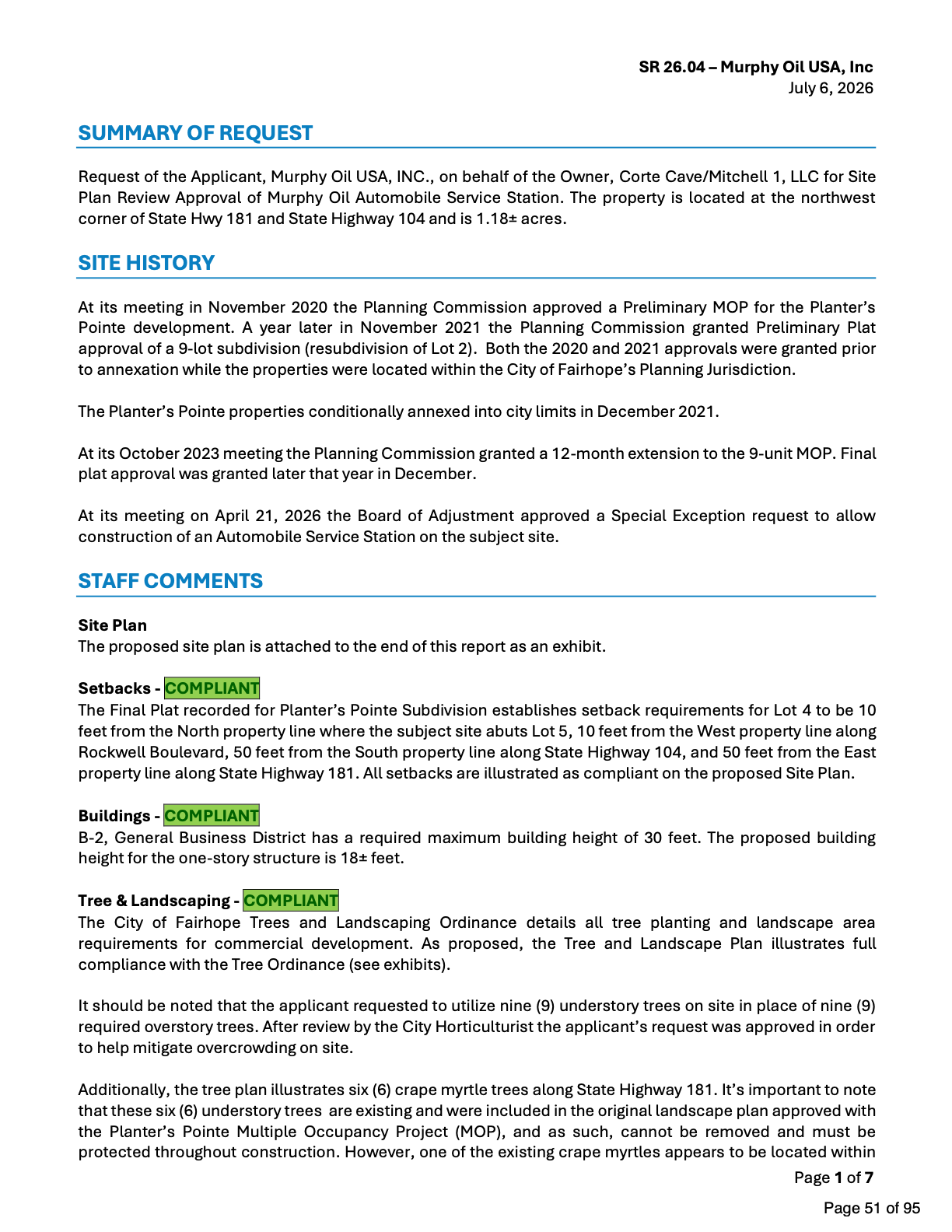 Staff report for case SR 26.04, with the summary of request and staff comments
