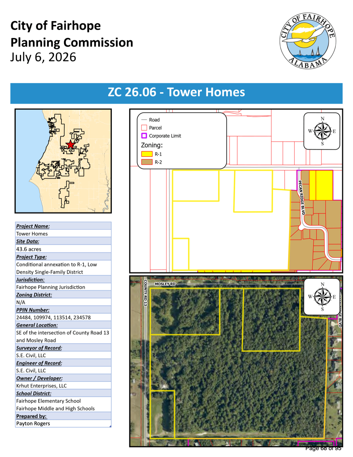 Planning Commission cover sheet for ZC 26.06 Tower Homes, with zoning and aerial maps