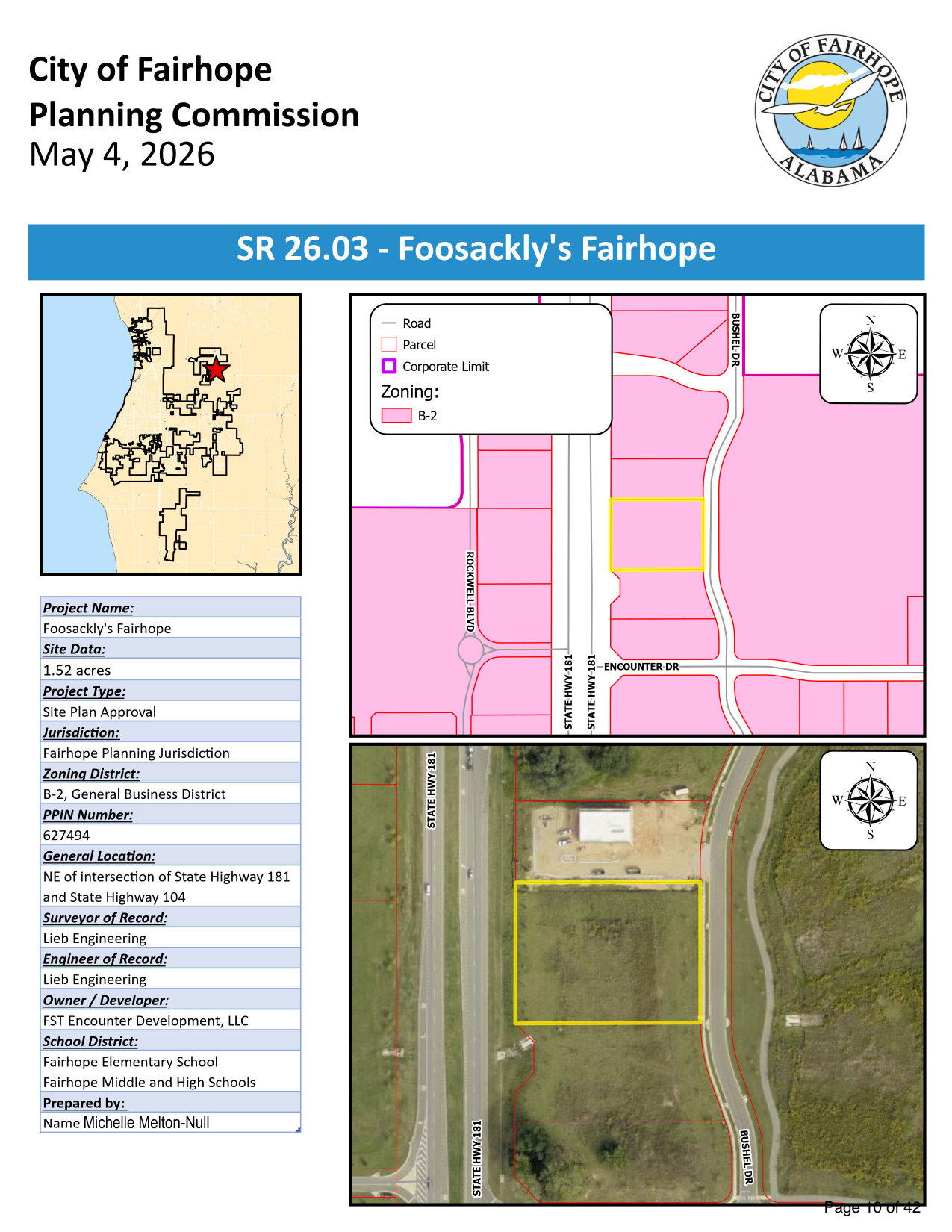 Zoning and aerial location map for the Foosackly's and Just Chillin' site on Highway 181 — Fairhope Planning Commission