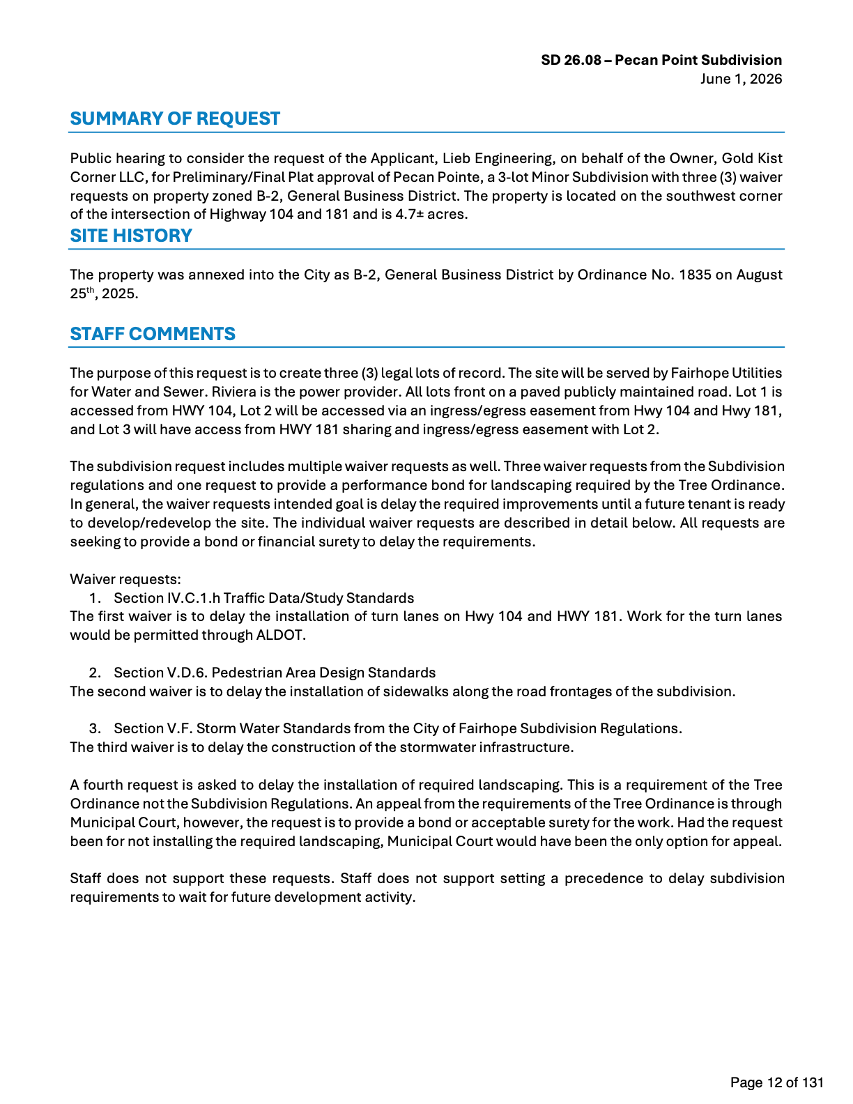 Meeting packet — Fairhope staff recommend denying Pecan Pointe subdivision and every waiver at Hwy 104 and 181