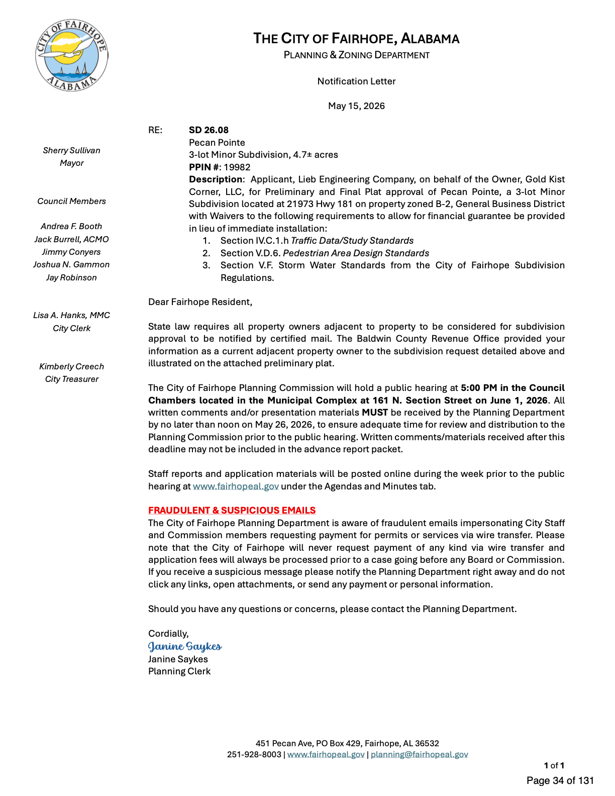 Meeting packet — Fairhope staff recommend denying Pecan Pointe subdivision and every waiver at Hwy 104 and 181