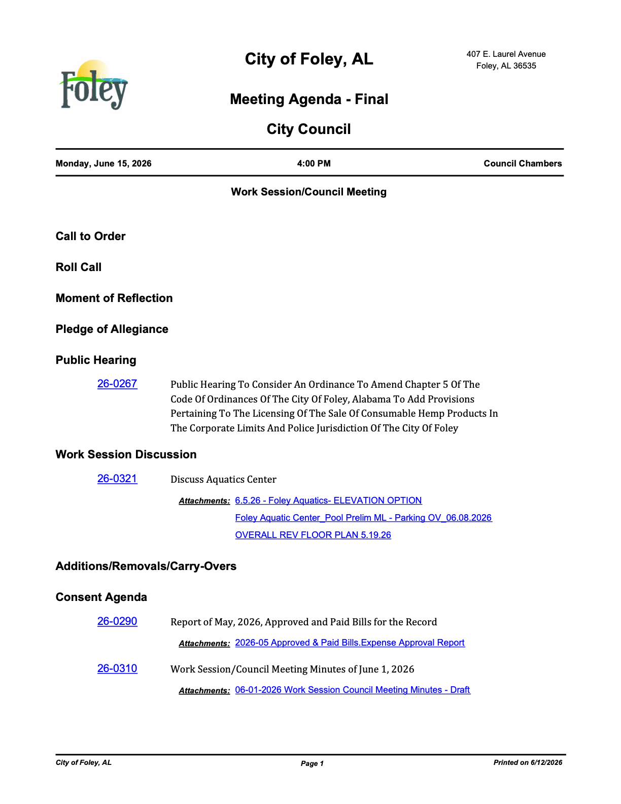 Foley's June 15 agenda lists the aquatics center as a work session discussion item, 26-0321, with three design documents attached