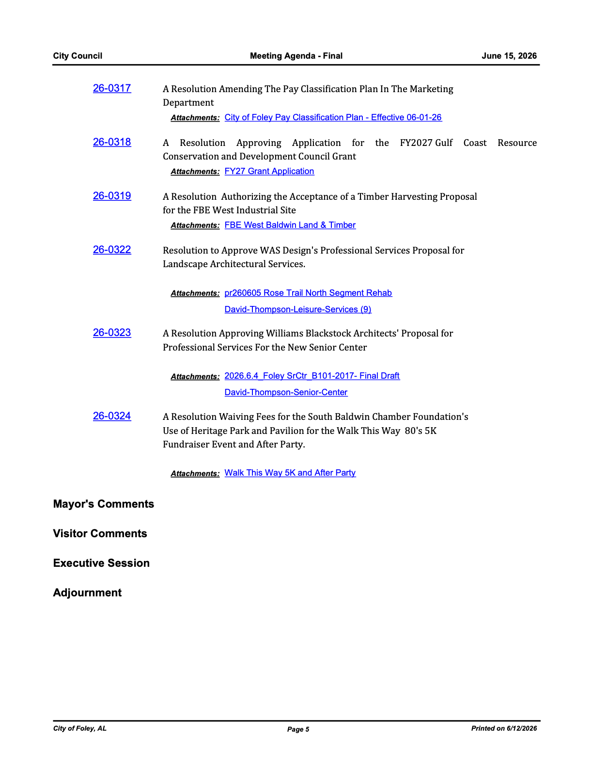 The resolutions section of Foley's June 15 agenda, including the Williams Blackstock Architects contract for a new senior center, item 26-0323