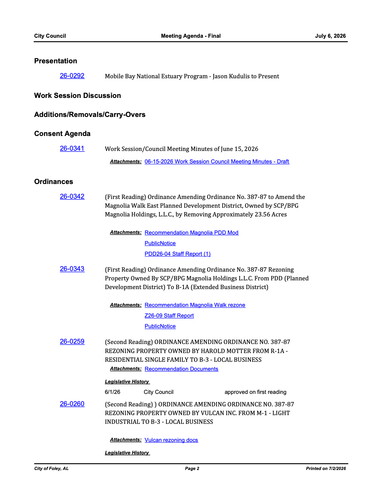 Agenda excerpt for items 26-0342 and 26-0343