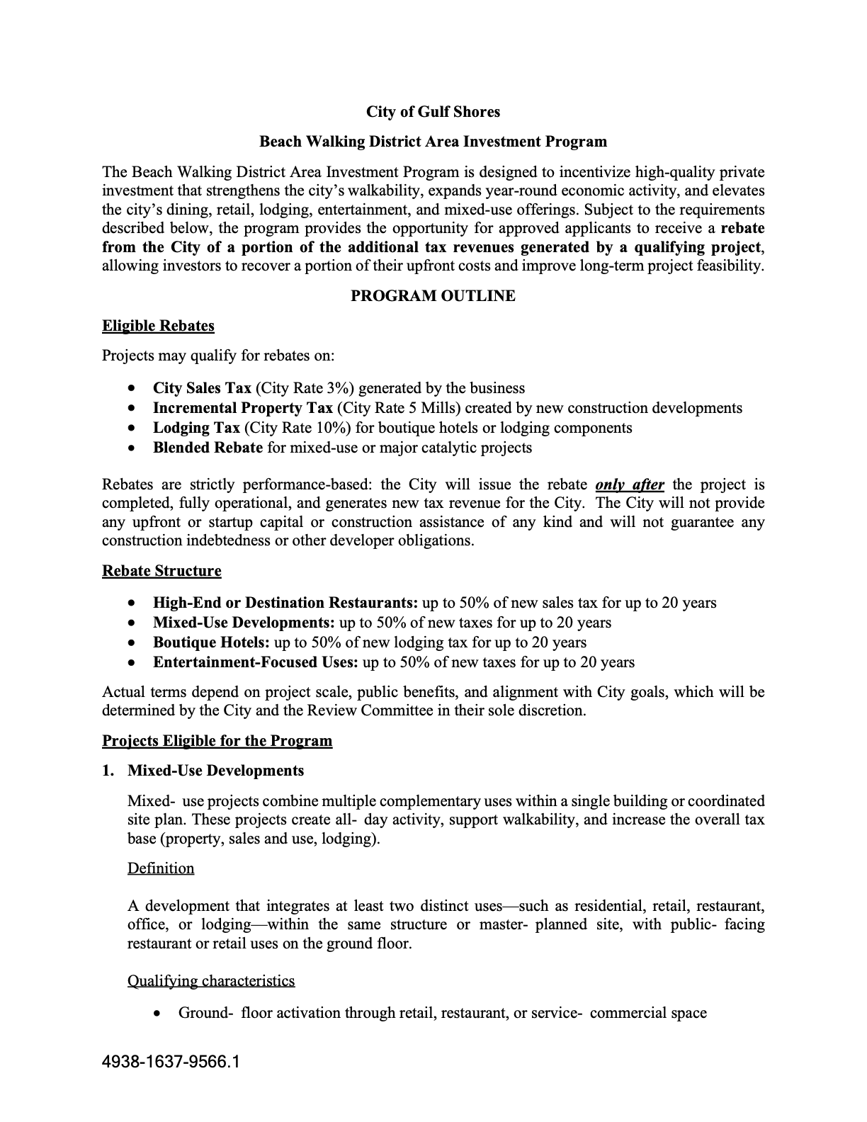 Beach Walking District Area Investment Program outline showing the rebate structure and city tax rates