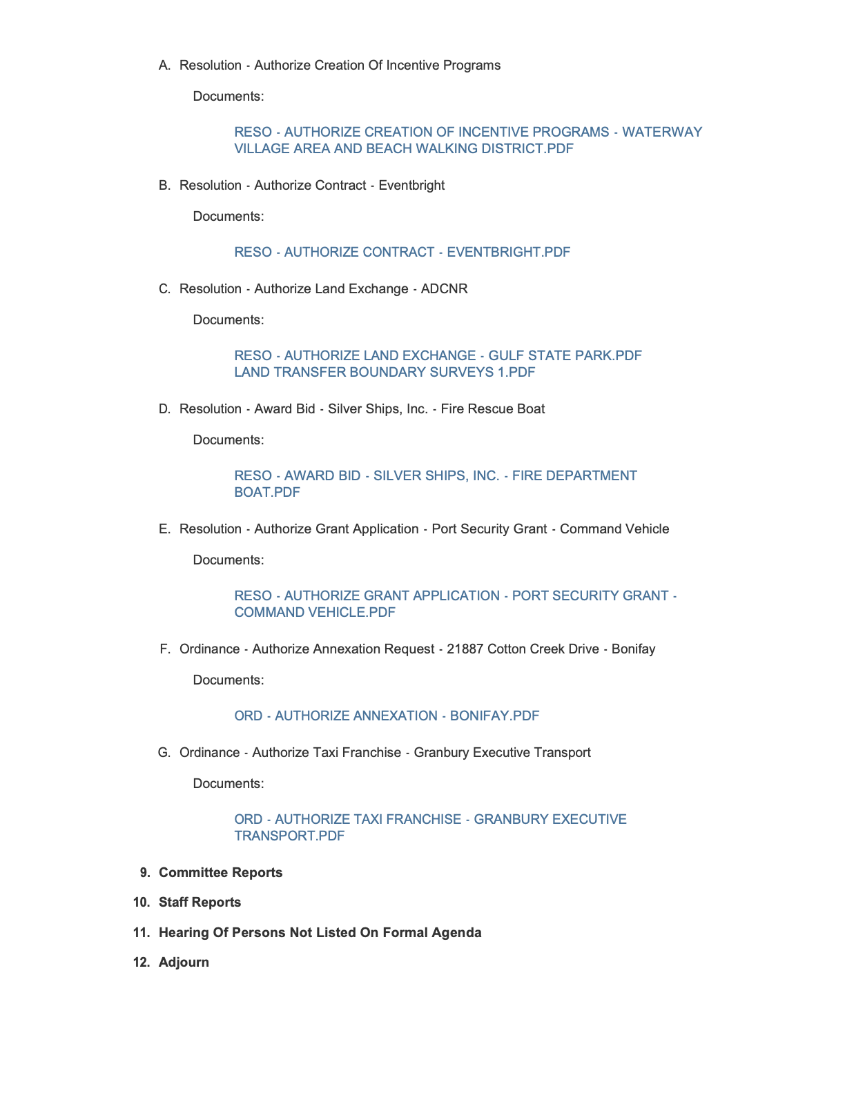 Agenda excerpt for the July 13 Gulf Shores council meeting