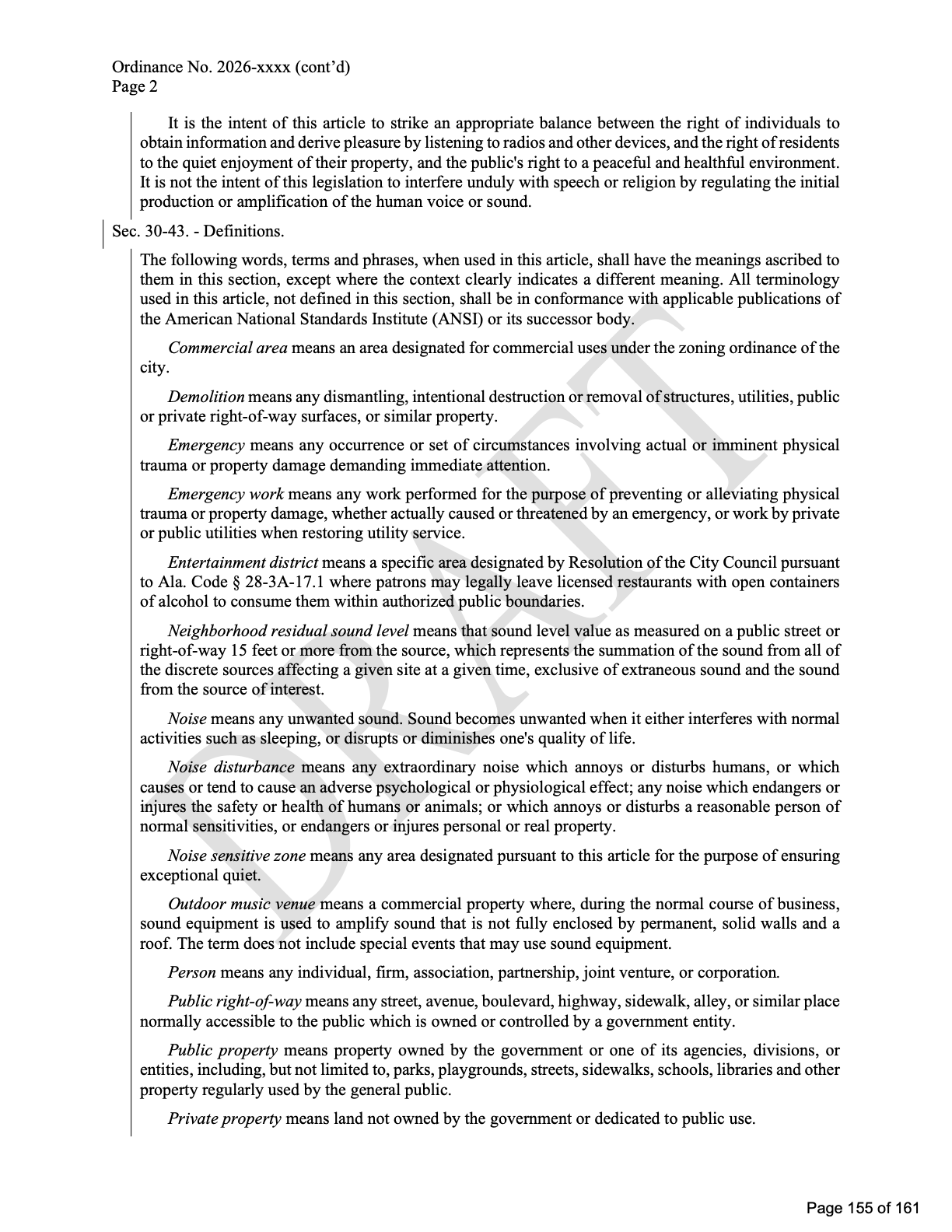 Page 2 of the draft noise ordinance, with the intent statement and definitions