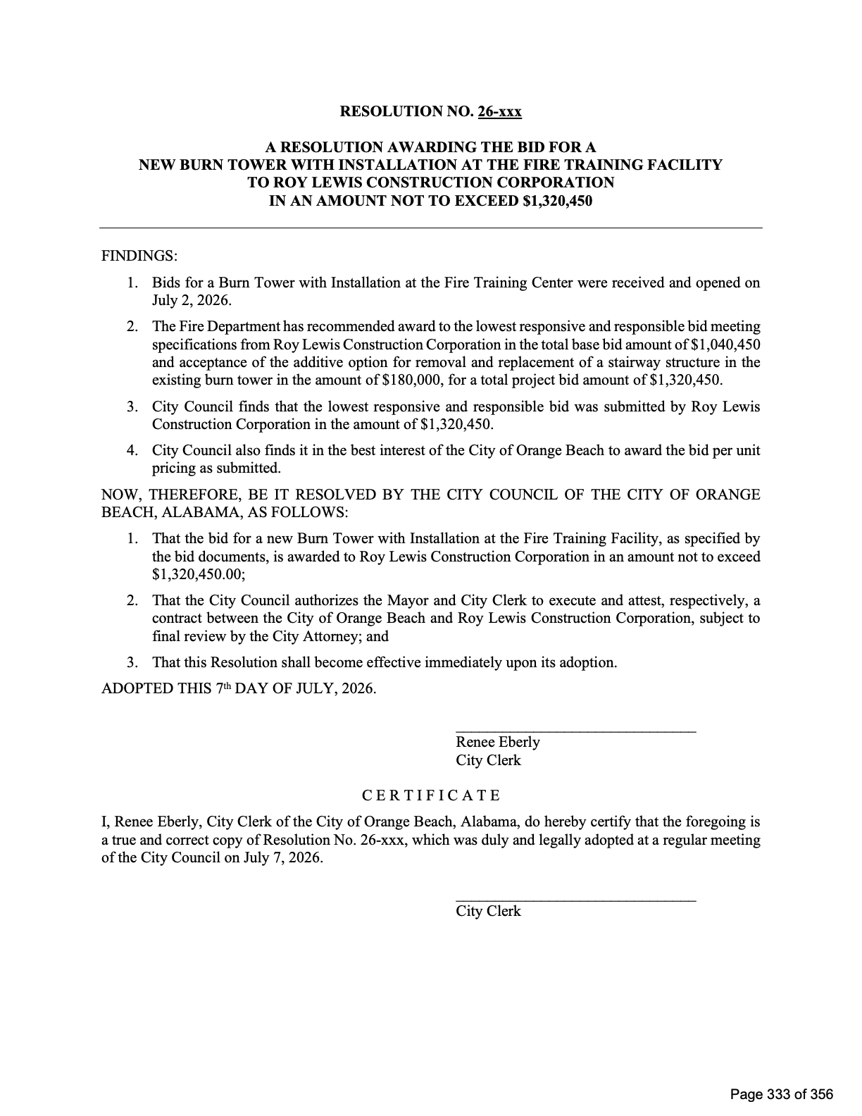 Resolution awarding the burn tower bid to Roy Lewis Construction