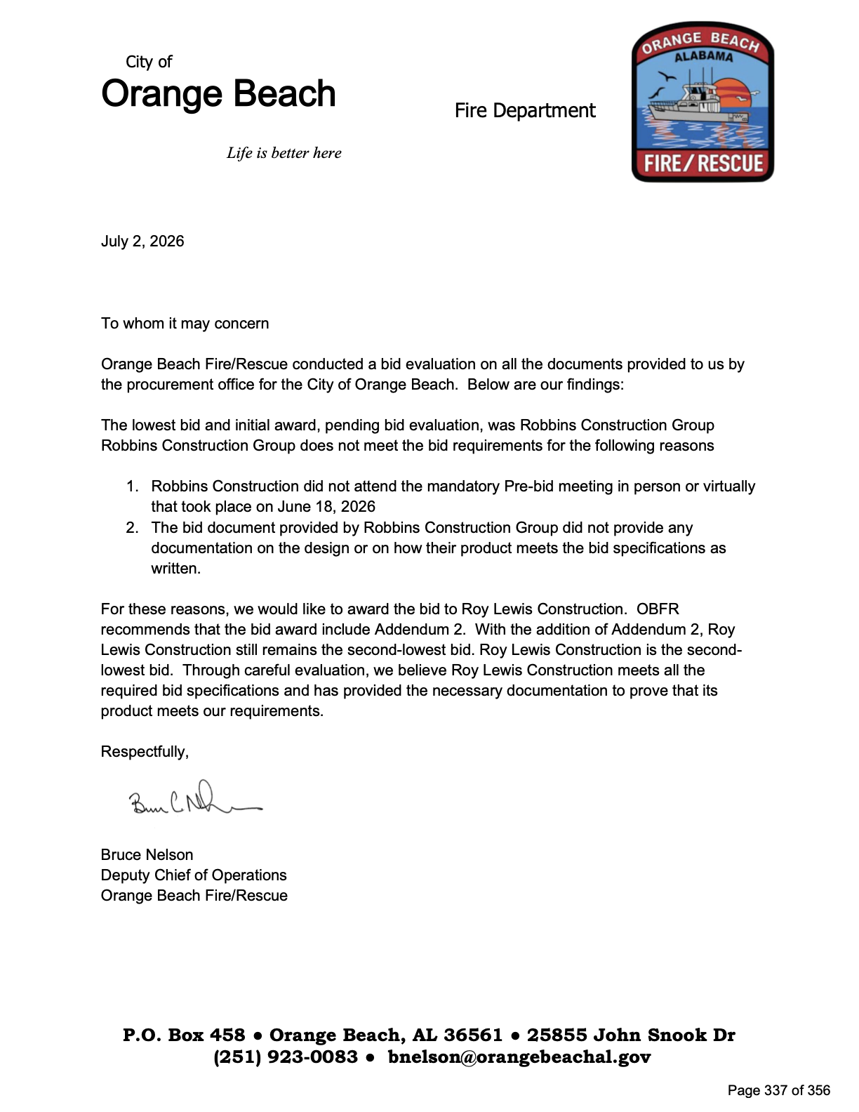 Orange Beach Fire/Rescue evaluation letter recommending the award to Roy Lewis