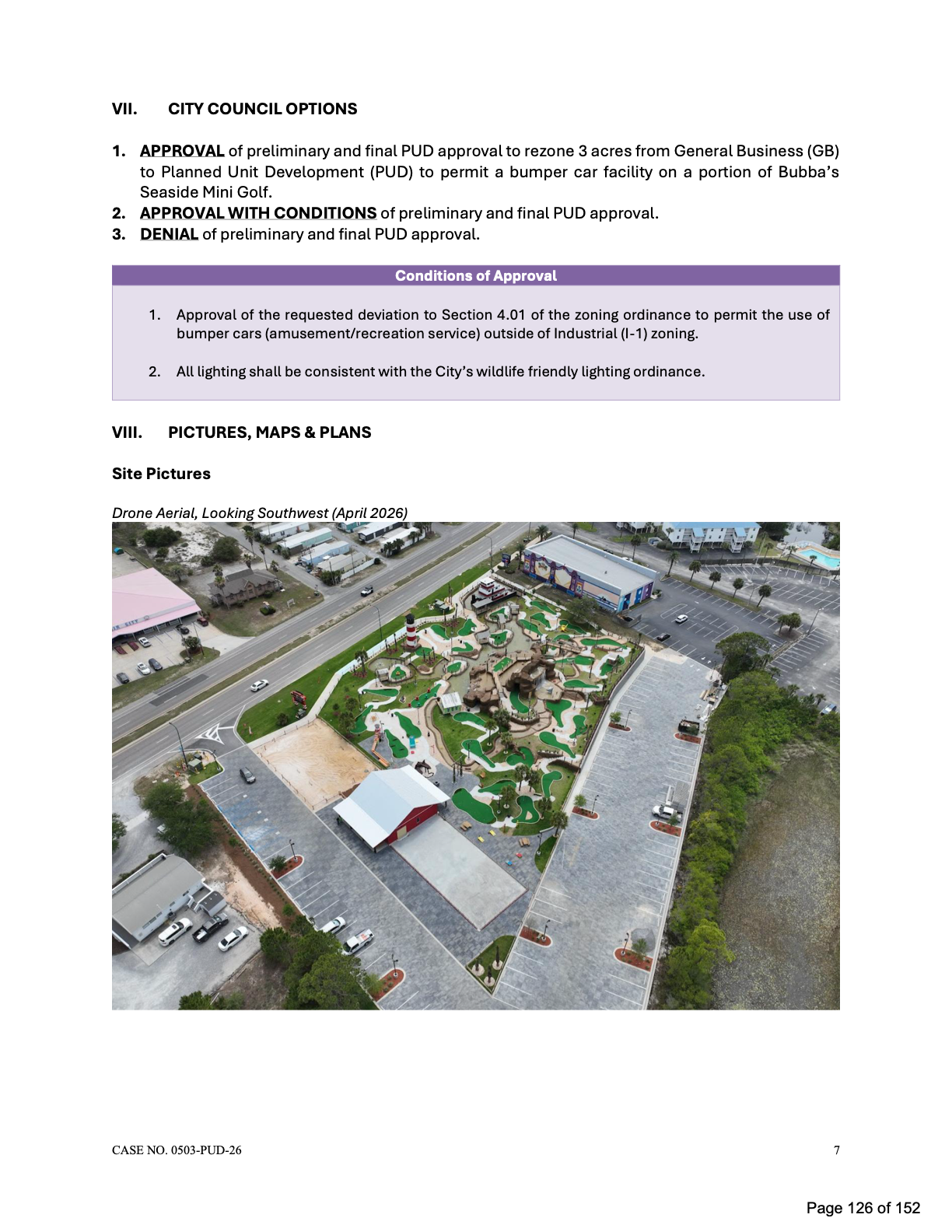 Council options and drone aerial of Bubba's Mini Golf, looking southwest