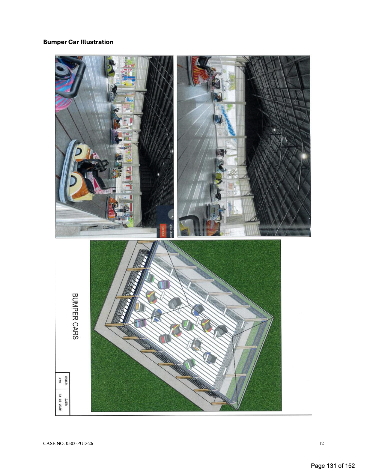 Bumper car illustration with reference photos and rendering of proposed ride
