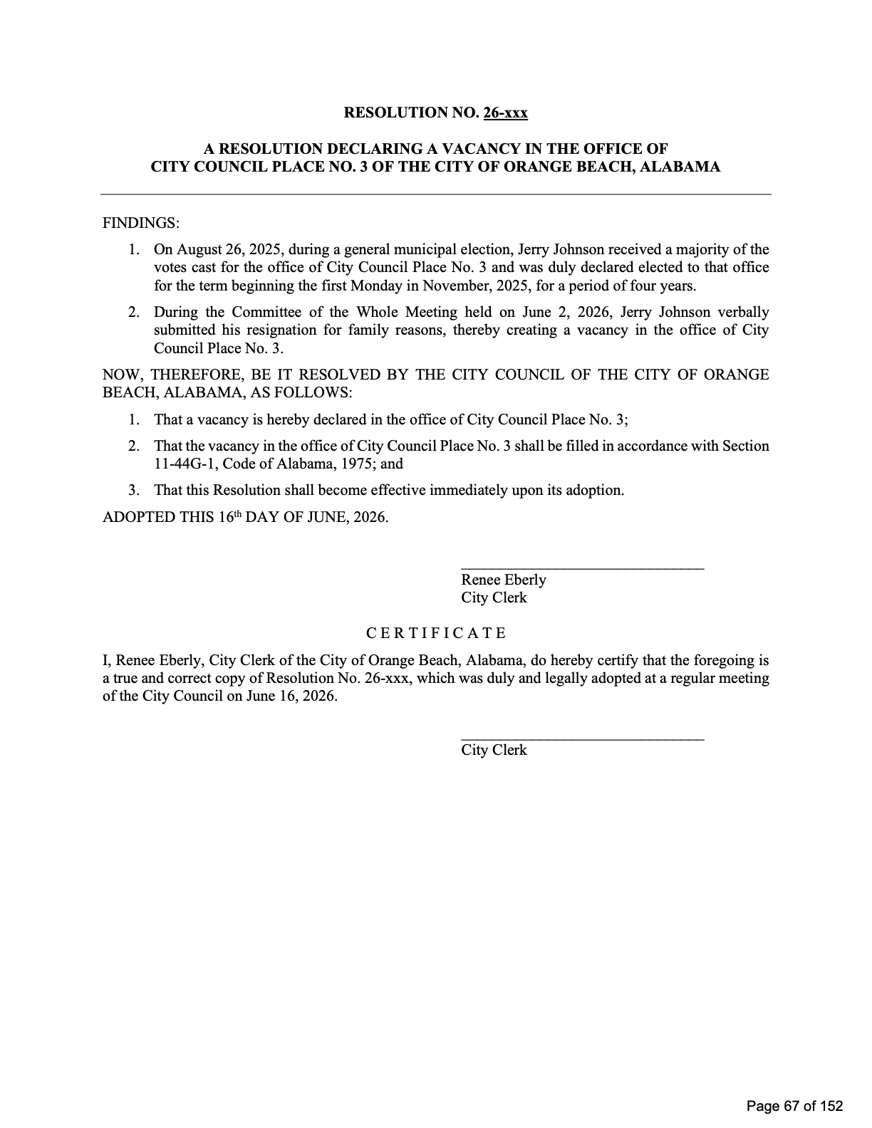 Resolution declaring a vacancy in City Council Place No. 3