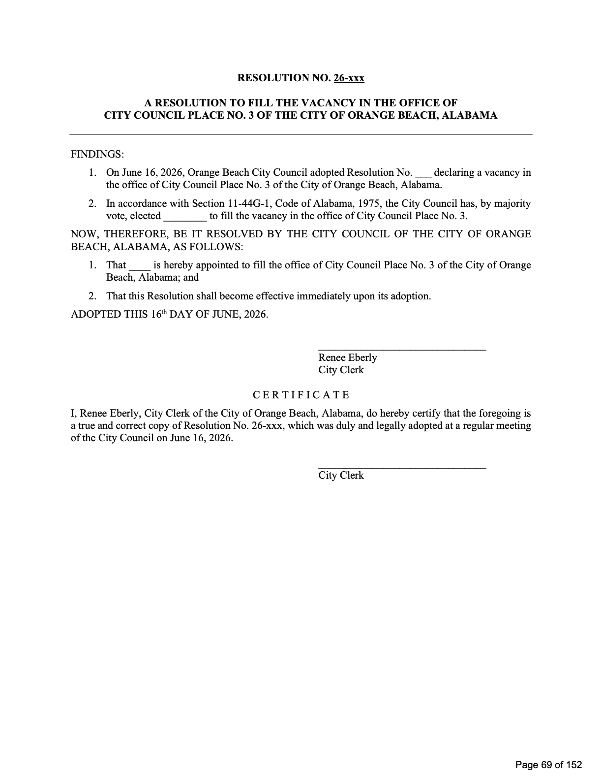 Resolution to fill the Place No. 3 council vacancy