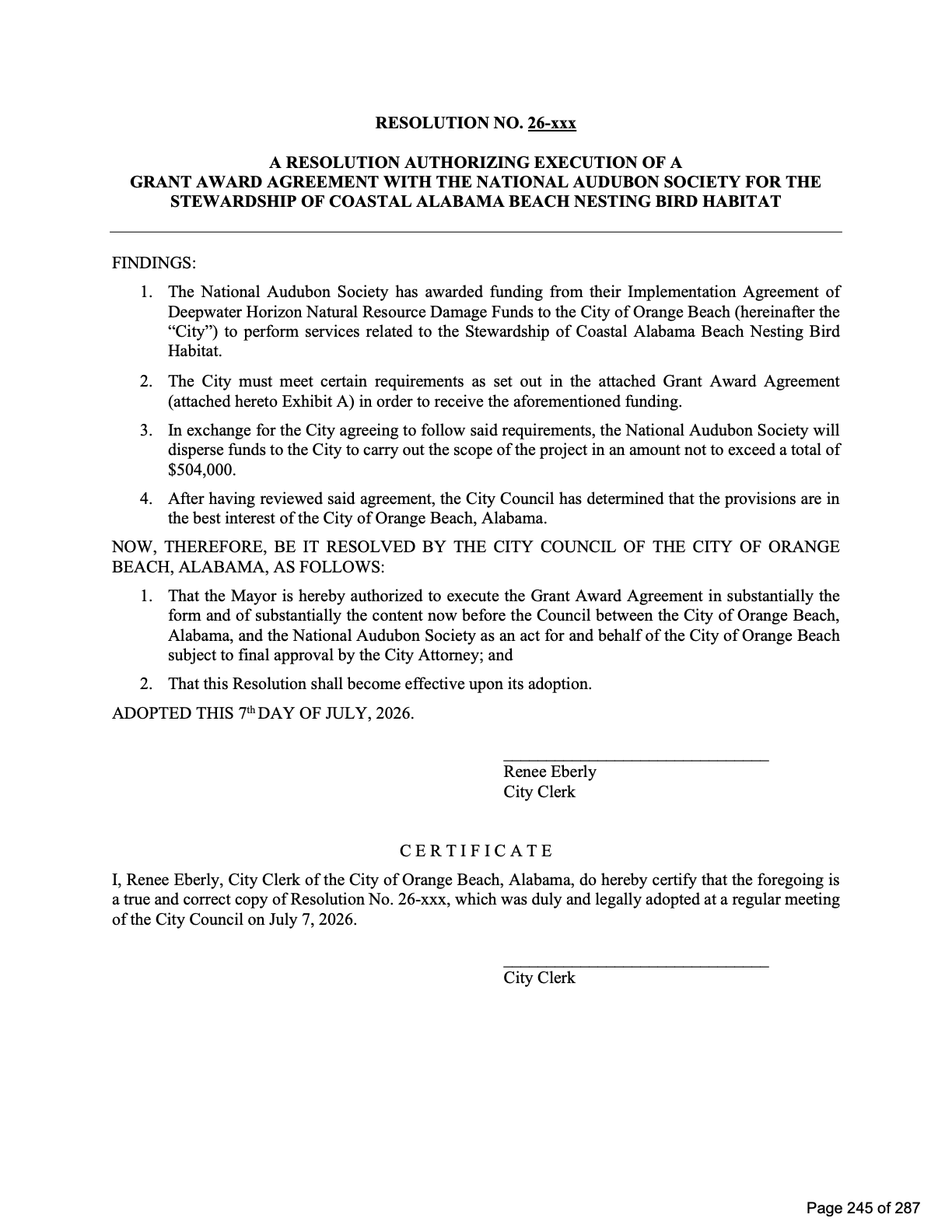 Resolution authorizing the Audubon grant award agreement